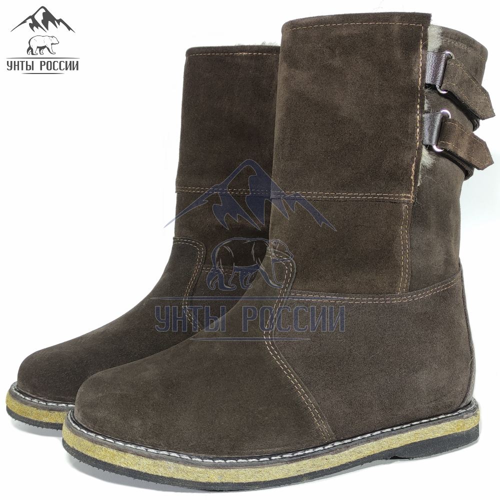 Монголки мужские натуральные коричневые на липучках, замшевые, войлочная подошва